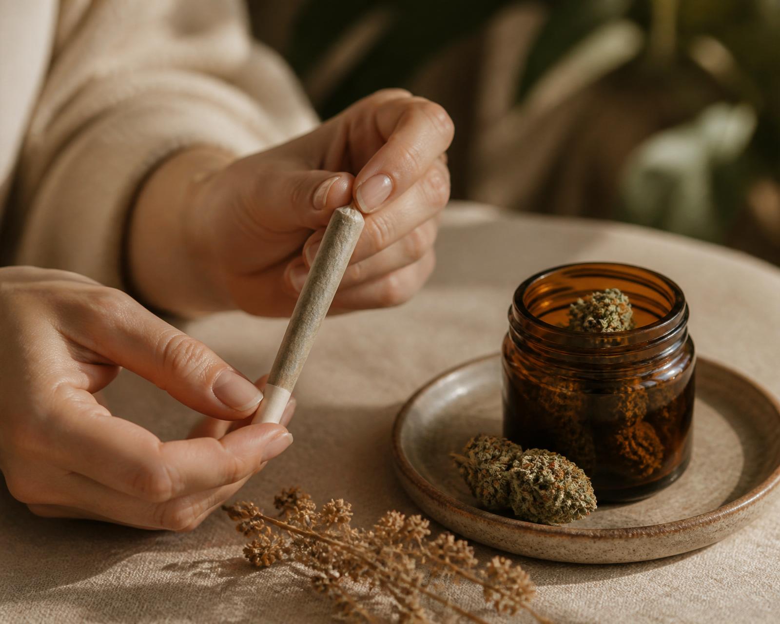 Hands rolling a fresh pre-roll beside an amber glass jar of cured cannabis flower on a ceramic dish